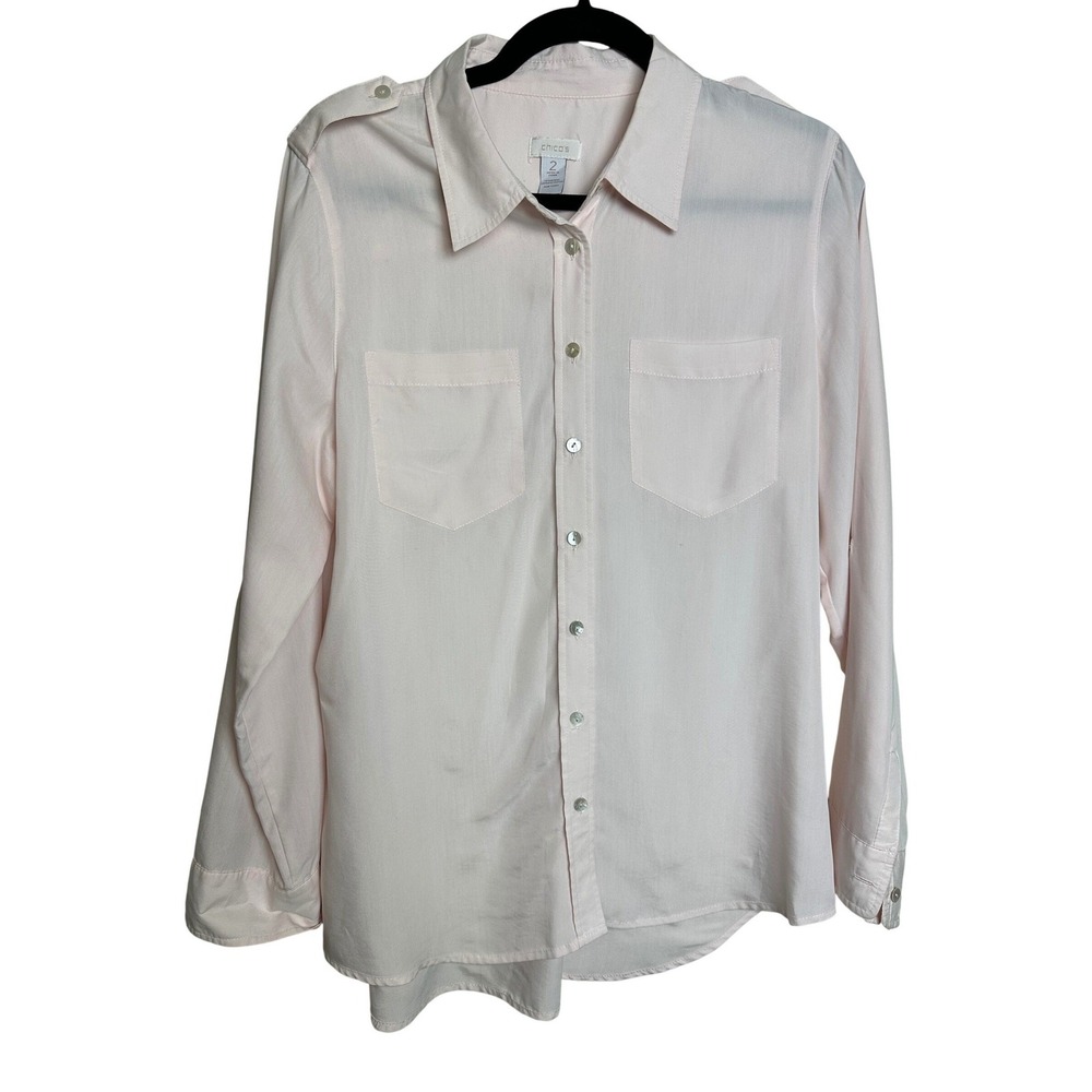 Chico's Pale Pink Utility Button Down Shirt Size 2 Large Roll Tab Sleeve Epaulet